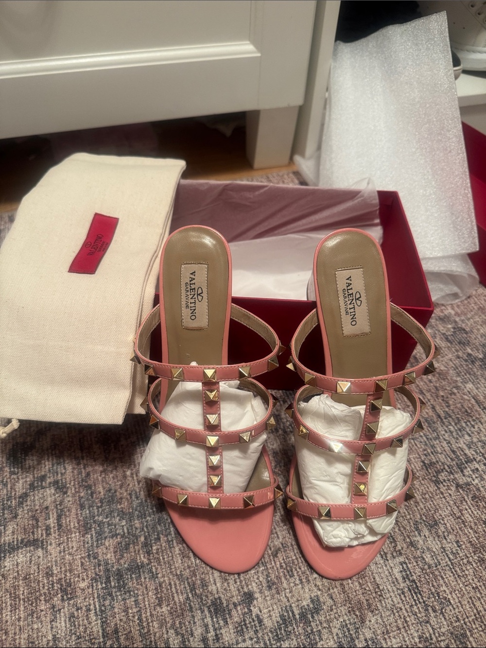 Valentino Garavani Pink Leather Rockstud Multi-Strap Heeled Slides